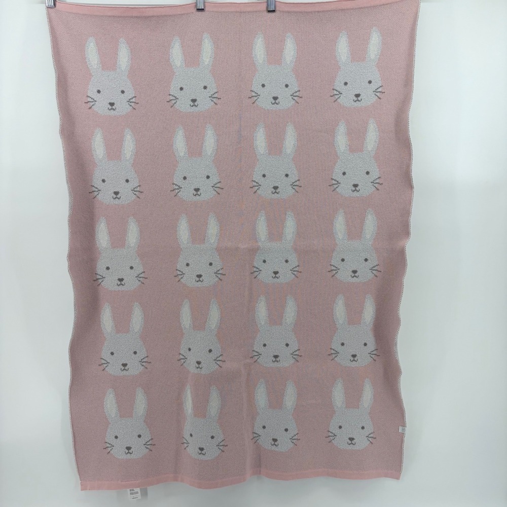 Elegant Baby Luxury Cotton Jacquard Knit Blanket Pink White Repeats Bunny Face